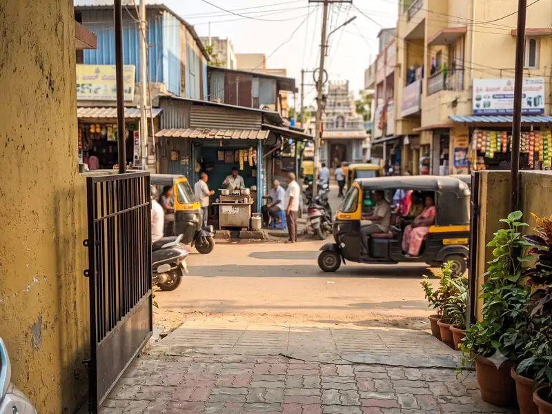 Gated lane entrance opening onto a busy street with an auto-rickshaw